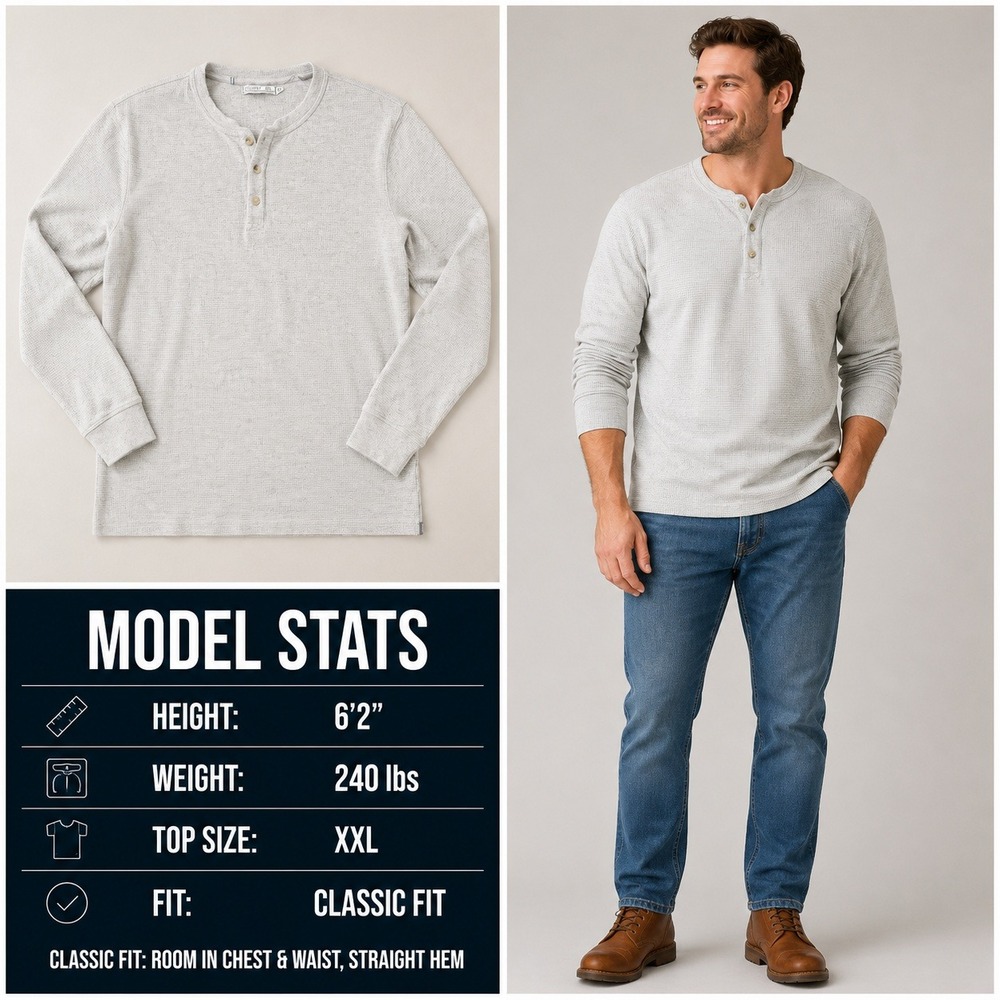 Criquet Mens XXL Waffle Knit Henley Shirt Light Grey Thermal Long Sleeve Classic